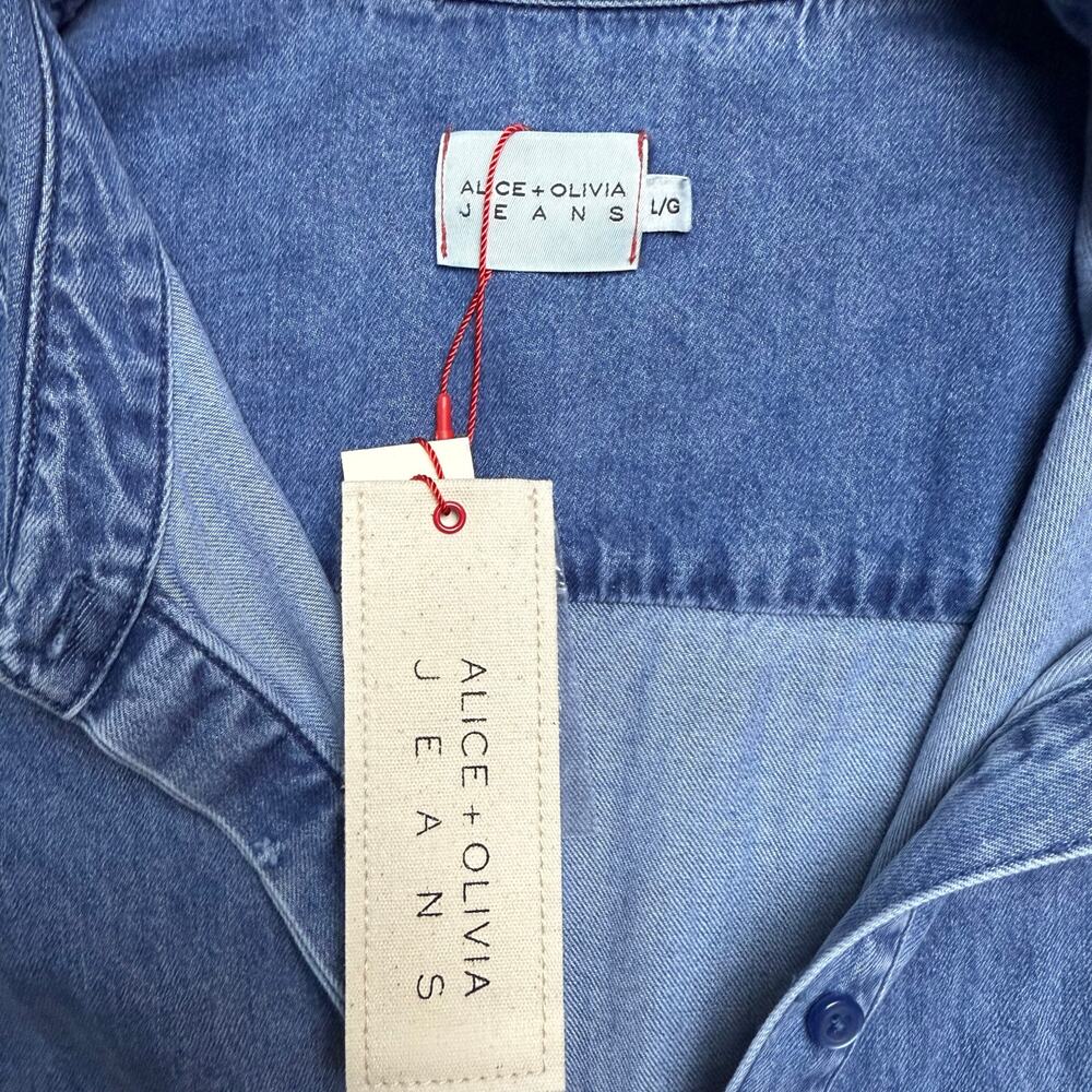 New ALICE + OLIVIA Jem Denim Tiered Mini Shirt Dress in Large - Picture 10 of 13